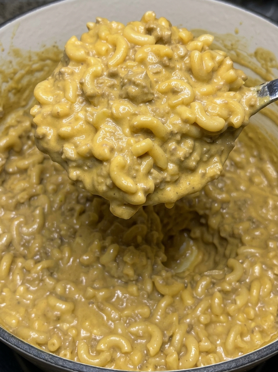A spoonful of homemade Hamburger Helper.
