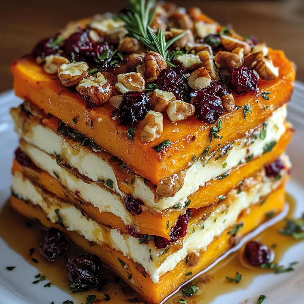 Layered Sweet Potato, Butternut Squash & Carrot Lasagna with Feta, Walnuts, and Cranberry-Honey Glaze