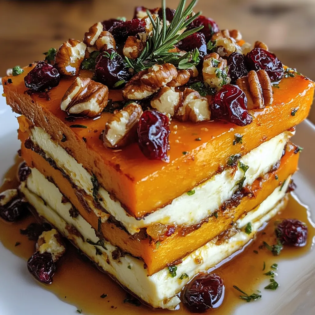Layered Sweet Potato, Butternut Squash & Carrot Lasagna with Feta, Walnuts, and Cranberry-Honey Glaze