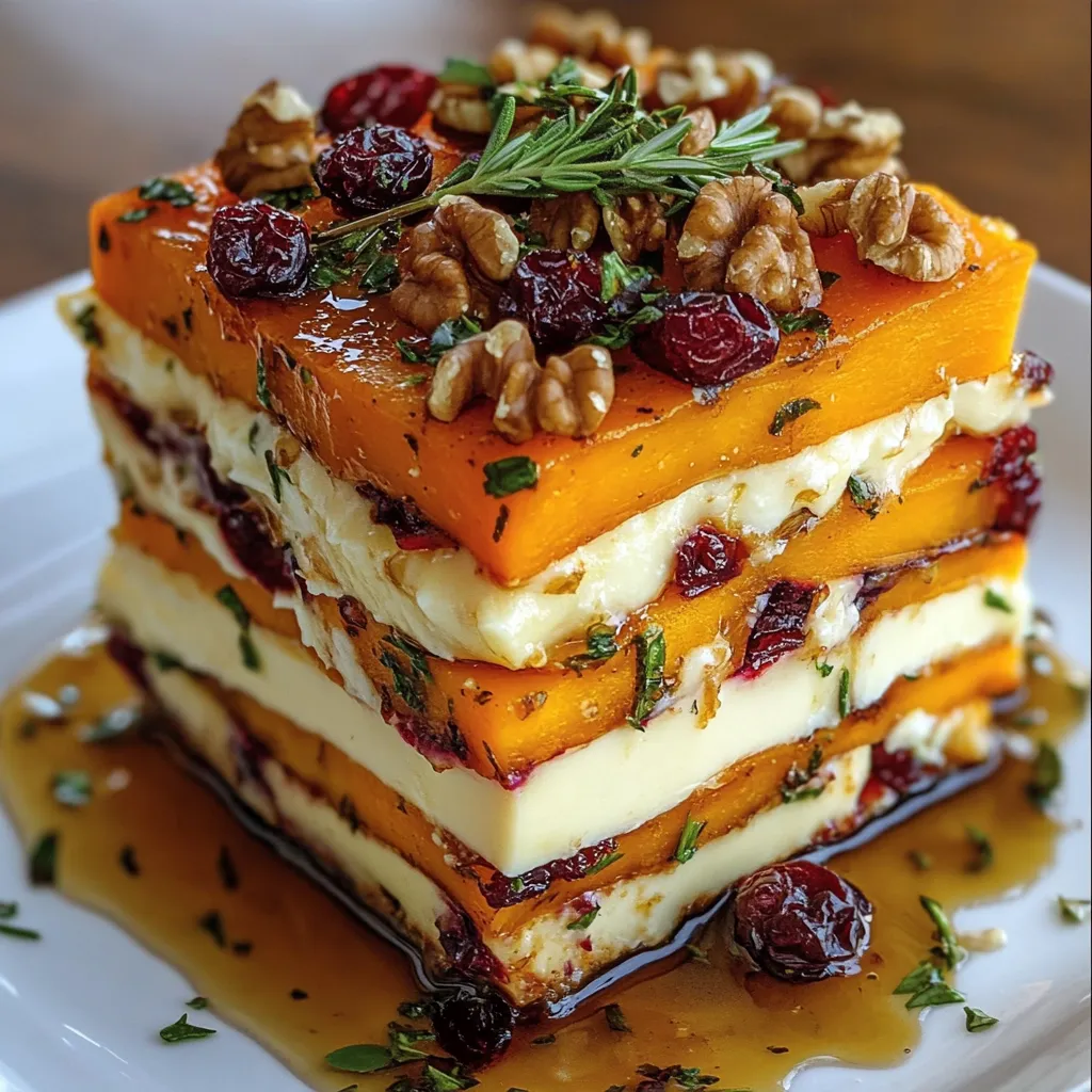 Layered Sweet Potato, Butternut Squash & Carrot Lasagna with Feta, Walnuts, and Cranberry-Honey Glaze