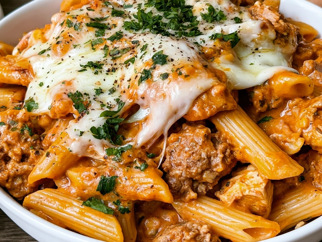 A bowl of pasta with meat and cheese.