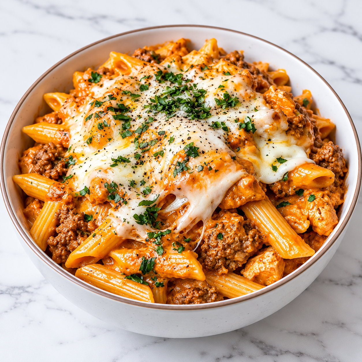 A bowl of ground beef penne with monterey cheddar sauce.