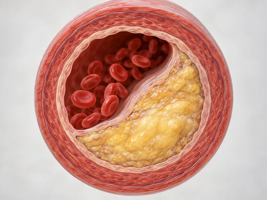 Illustration of plaque narrowing an artery while blood cells pass through.