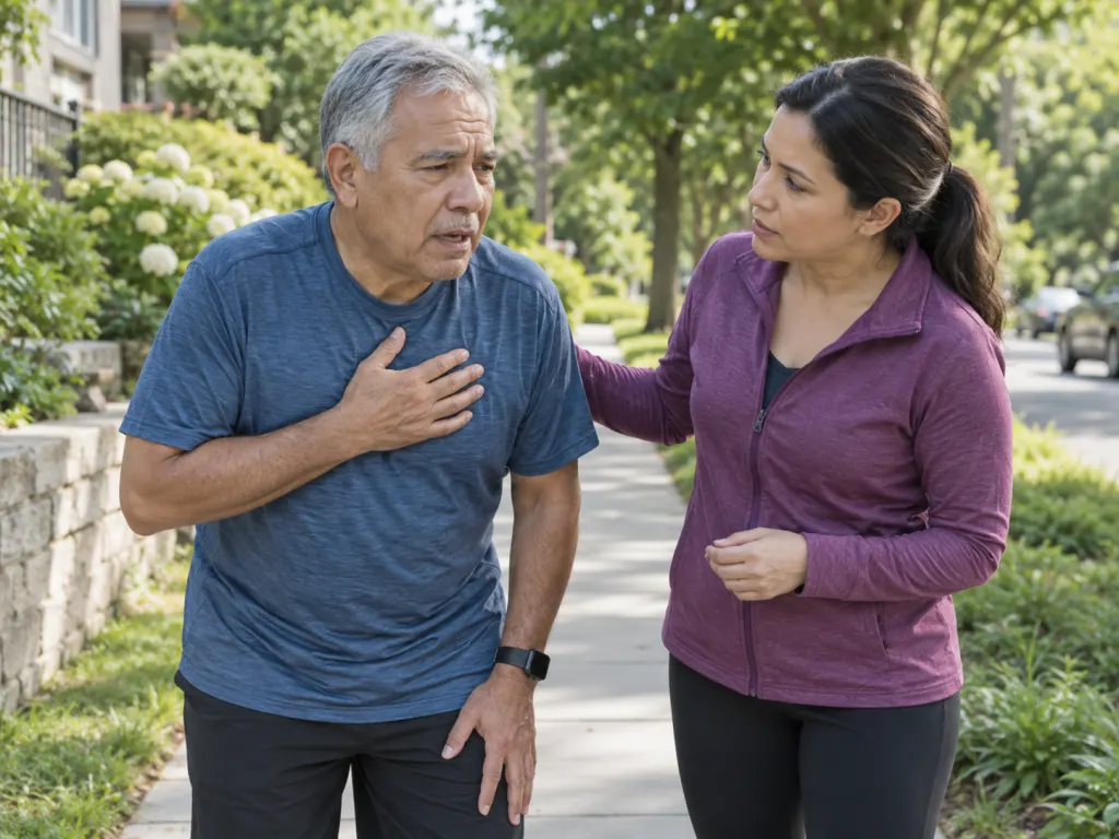 Adult pausing during a walk while another person stands nearby to help.