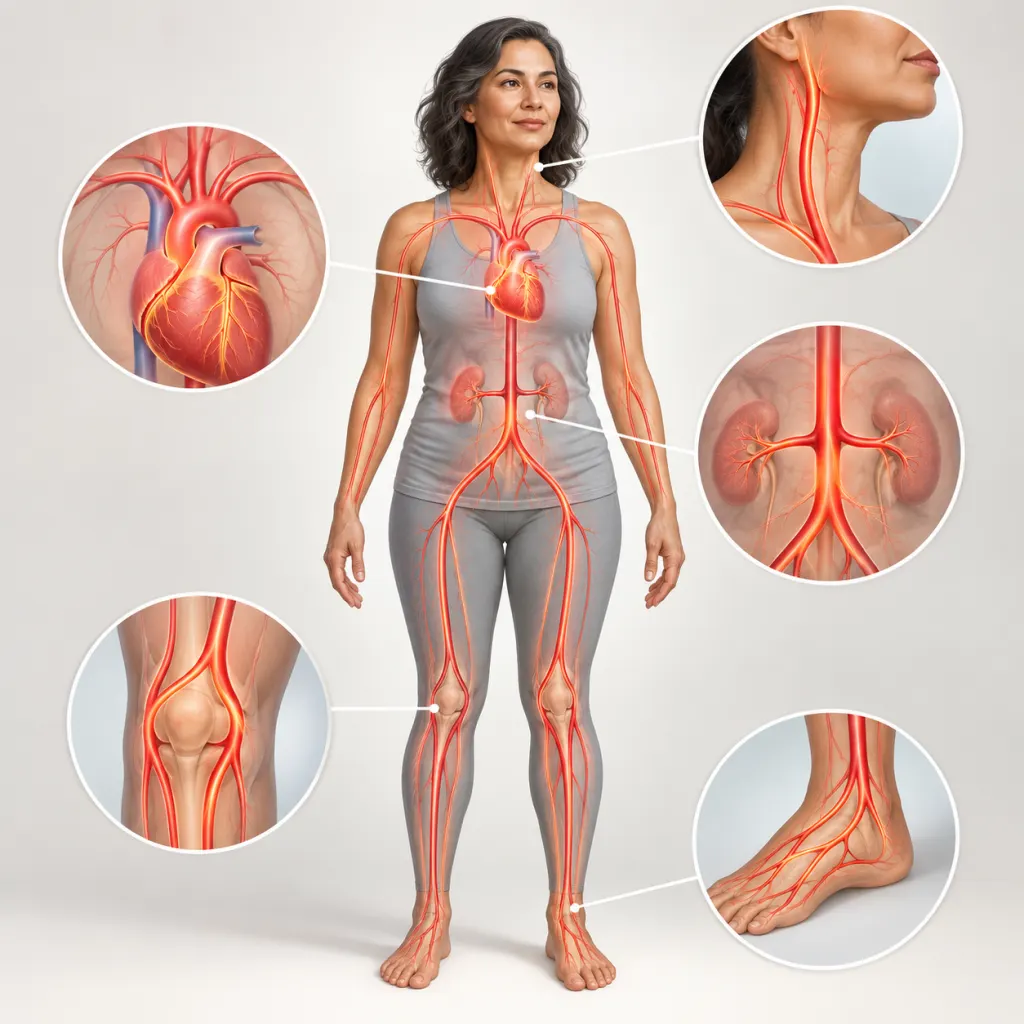 Educational illustration of arterial pathways in the chest, neck, abdomen, and legs.