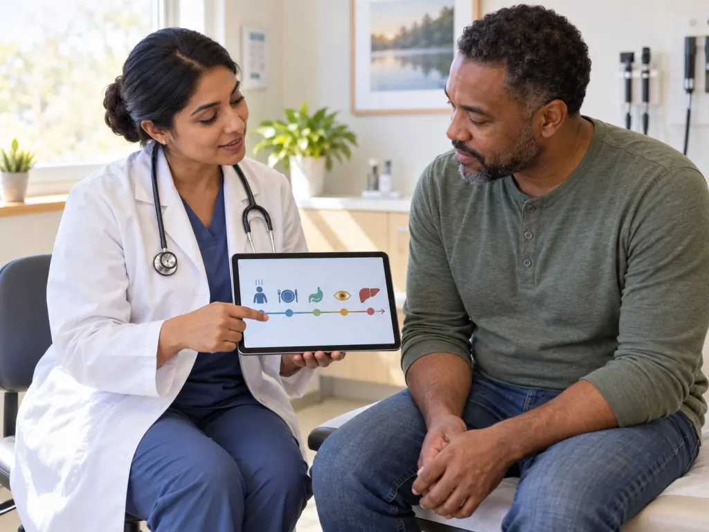 Doctor and patient discussing symptoms during a calm medical appointment.