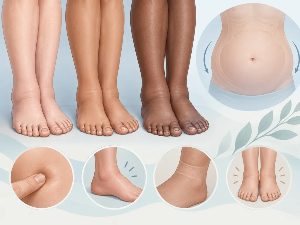 Educational illustration of ankle and abdominal swelling as possible warning signs.