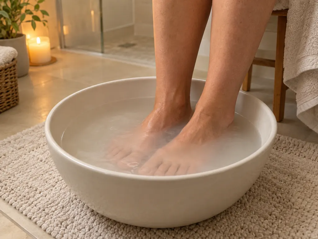Bare feet soaking in a round white basin of warm baking soda water on a light bath mat.