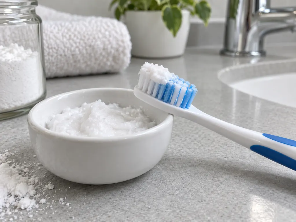 Soft-bristled toothbrush resting against a small white dish of baking soda paste on a bathroom counter.