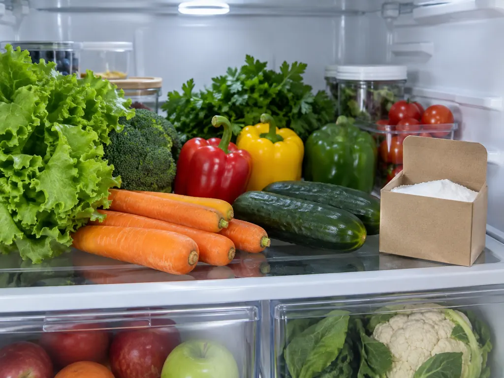 Organized refrigerator shelf with fresh vegetables and a small open box of baking soda placed to one side.