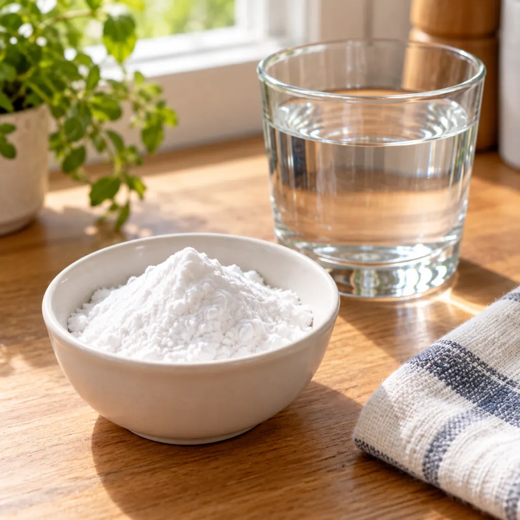 Small white ceramic bowl of baking soda powder on a wooden kitchen countertop beside a glass of water.