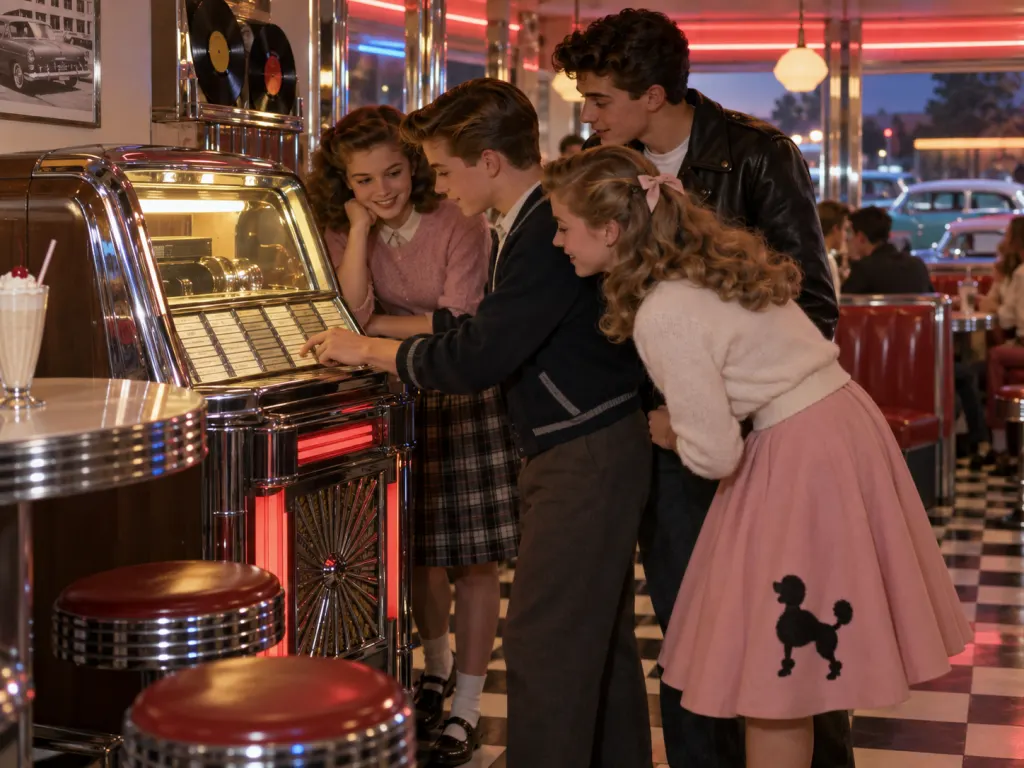 Teenagers gathered near a 1950s diner jukebox