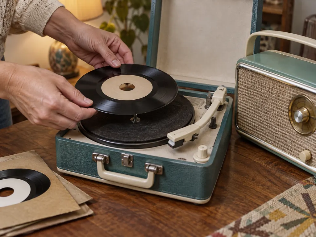 Hands placing a 45 rpm single on a small 1950s turntable