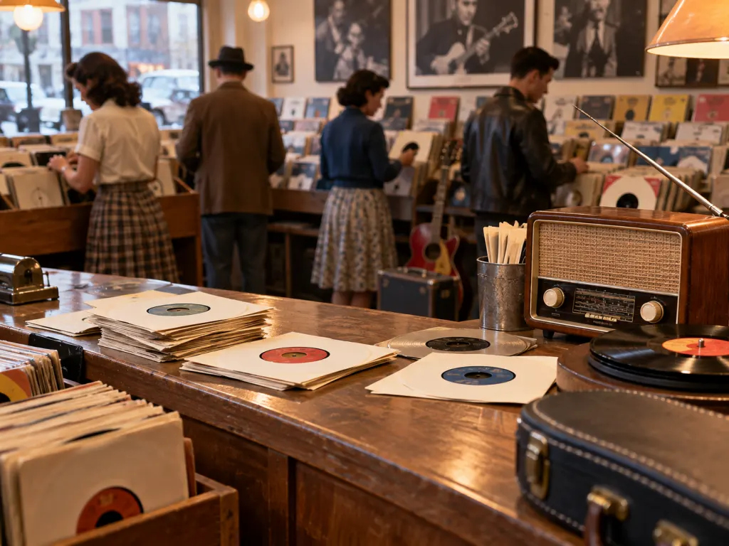A 1950s record store counter with singles and a radio