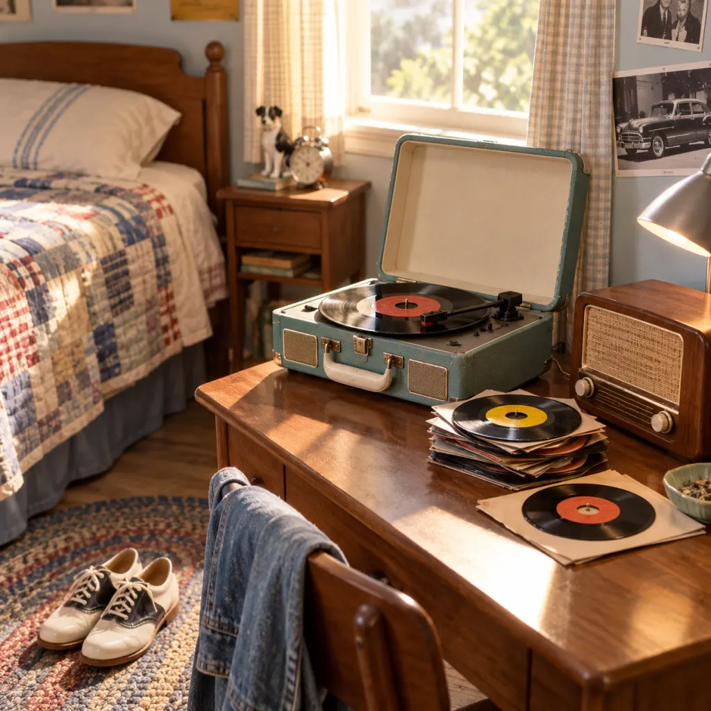 A 1950s record player, radio, and stack of singles in a teenager's room