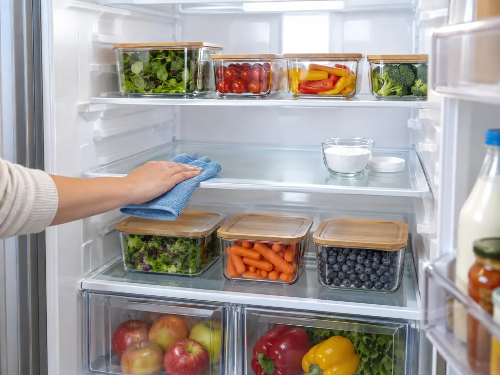 Clean refrigerator shelf with an open container of baking soda for odor control