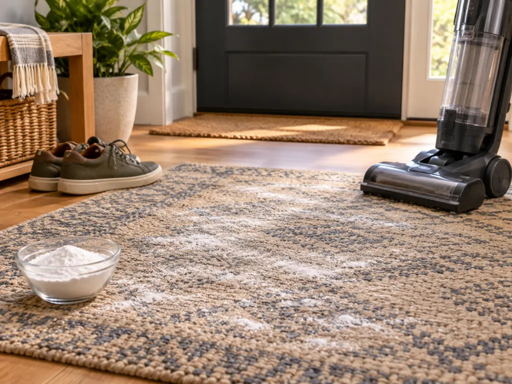Baking soda lightly sprinkled on a dry rug near shoes and a vacuum