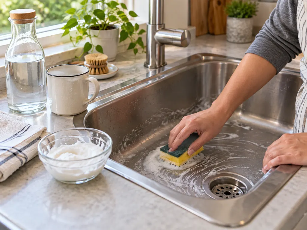 Baking soda paste and soft sponge beside a stainless kitchen sink