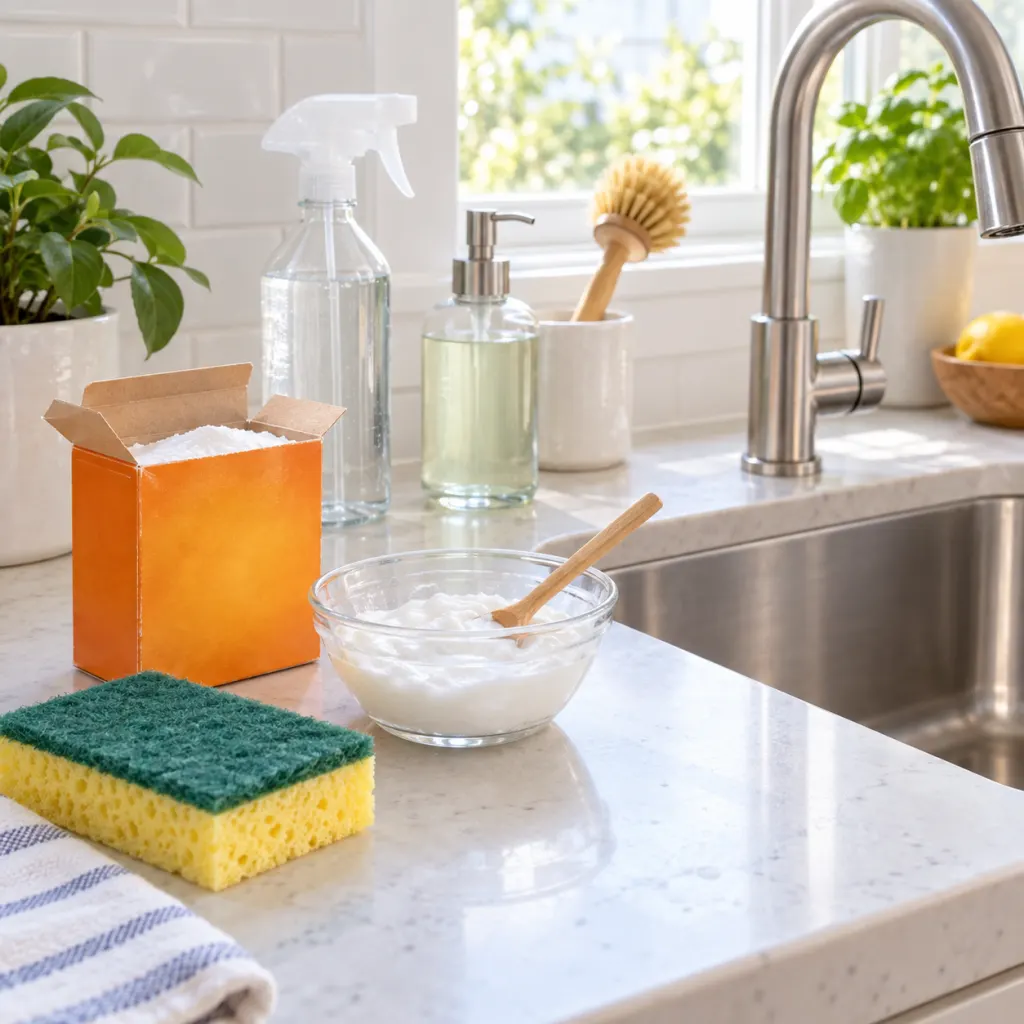 Open baking soda box with sponge and bowl on a clean kitchen counter