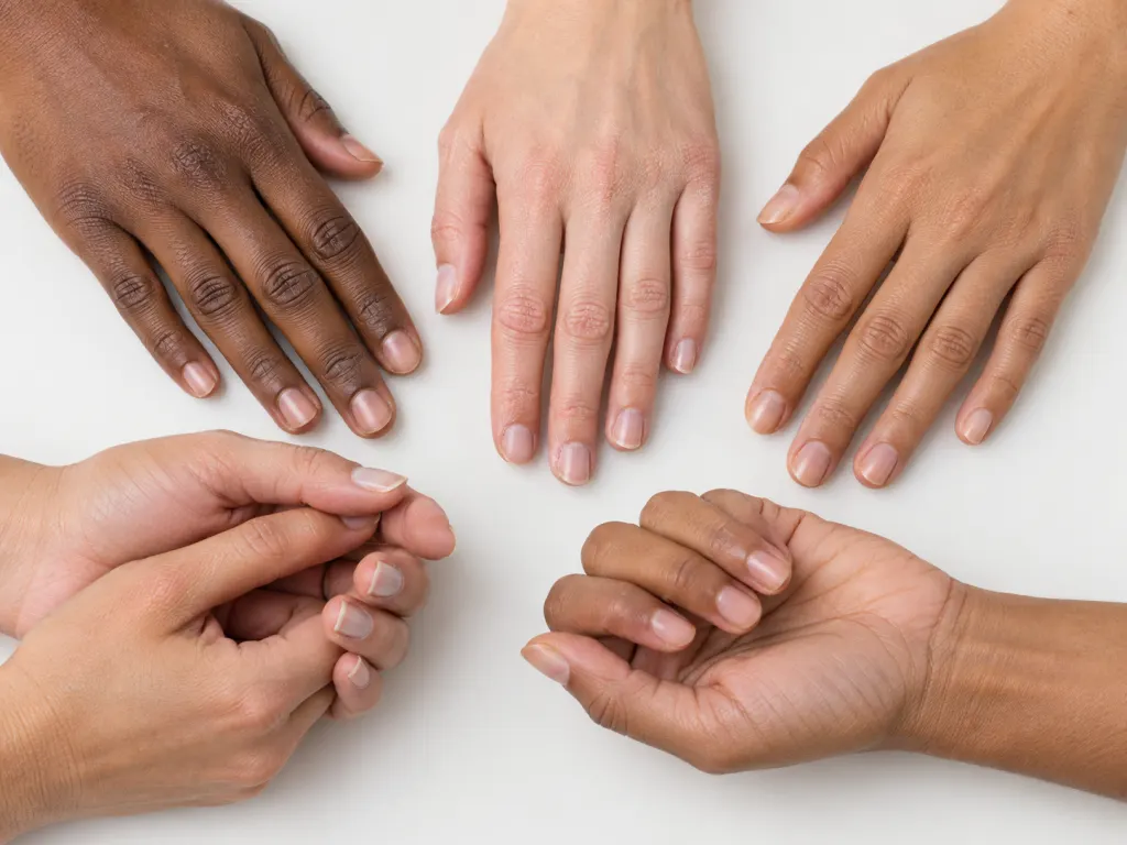 An educational illustration of hands showing subtle dry skin and nail color changes.