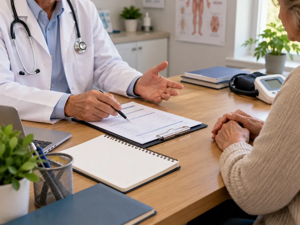 A doctor and patient review notes together during a calm medical appointment.