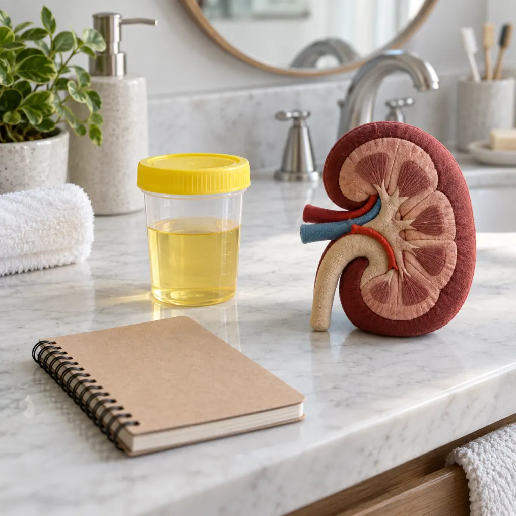 A calm still life with a urine sample cup, notebook, and kidney model on a bathroom counter.