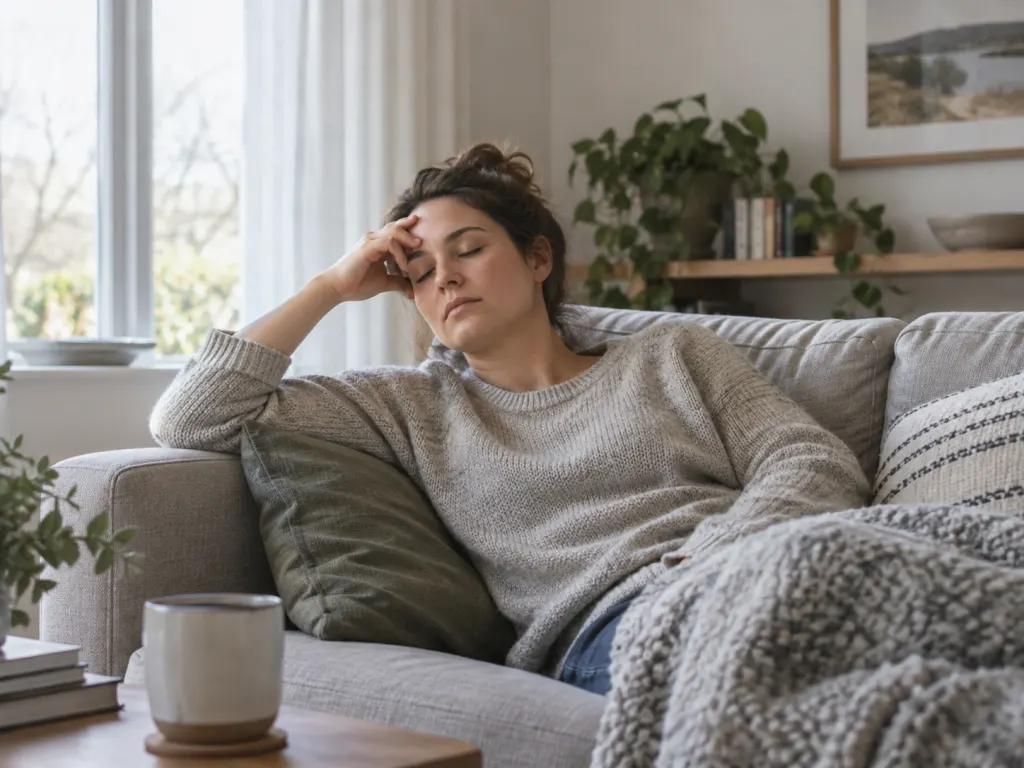 An adult resting on a couch with eyes closed, appearing fatigued