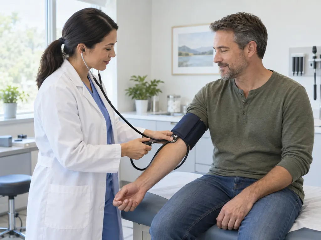 A clinician checking a seated patient's blood pressure in an exam room