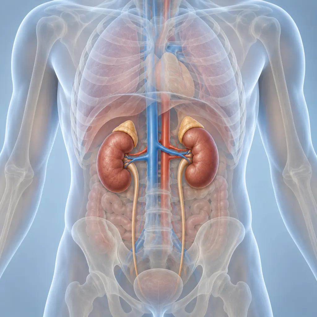 Illustration of the human torso showing the two kidneys in soft anatomical detail