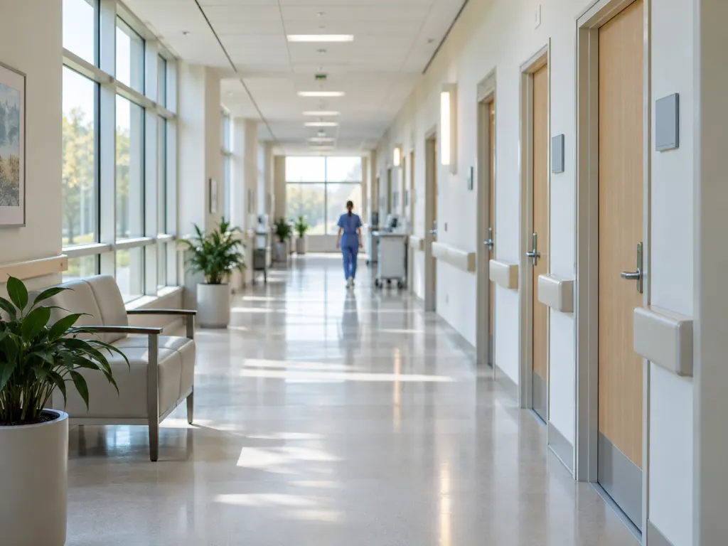 A calm, sunlit hospital corridor with a row of numbered doors, illustrating how the same number can label very different things, such as a room instead of a year.