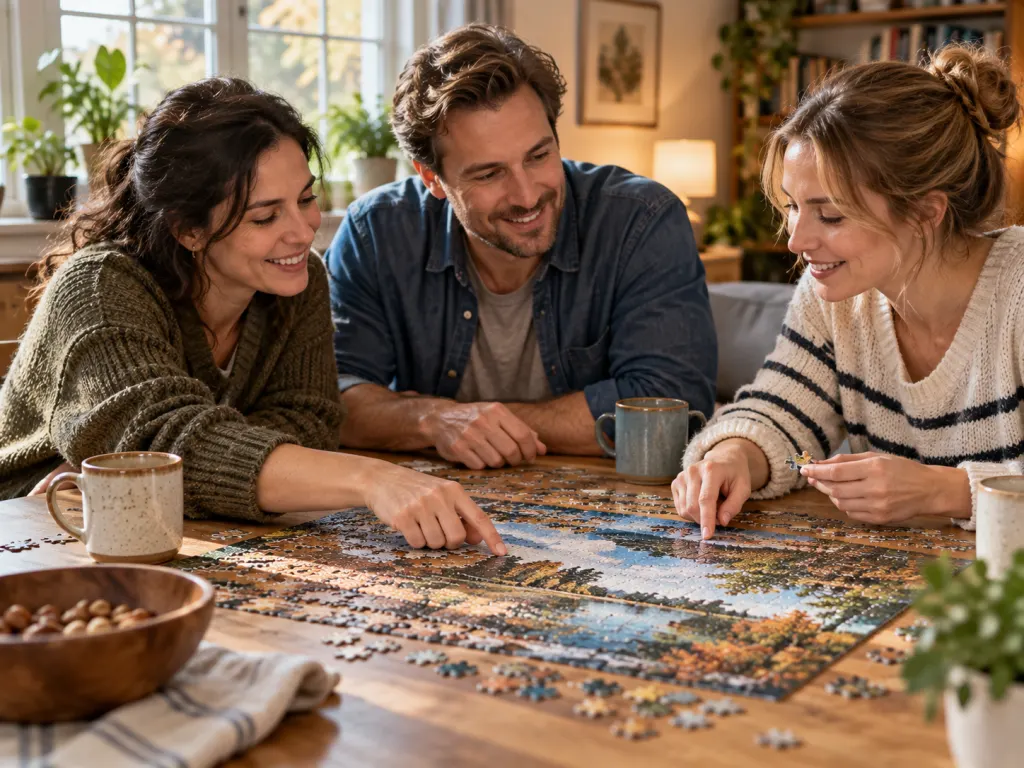 Three friends collaborating around a table while assembling a puzzle together, representing how discussing assumptions out loud helps solve riddles.