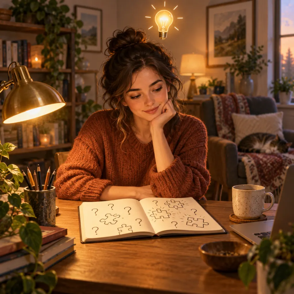 An illustration of a woman thinking deeply at a desk with a glowing lightbulb above her head, representing the moment of insight needed to solve a tricky riddle.