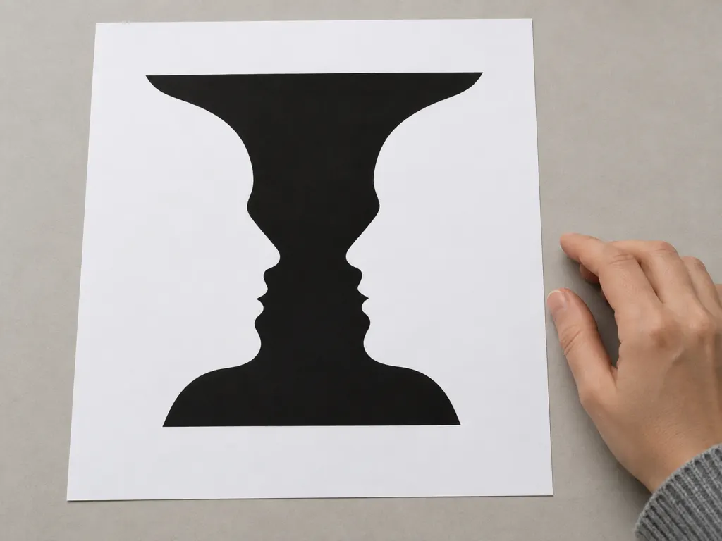 An abstract figure-ground illusion on paper with a hand nearby.