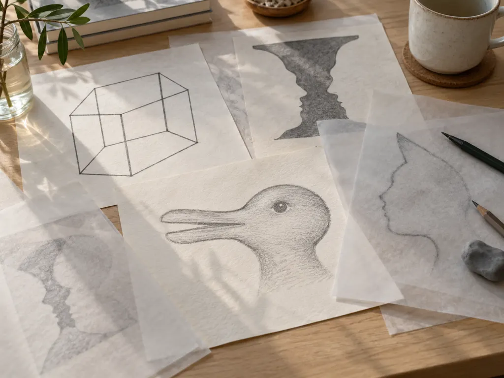 Ambiguous illusion sketches with tracing paper overlays on a tabletop.