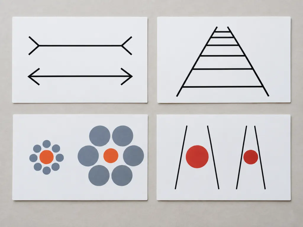 Geometric illusion cards showing line, depth, and circle comparison effects.