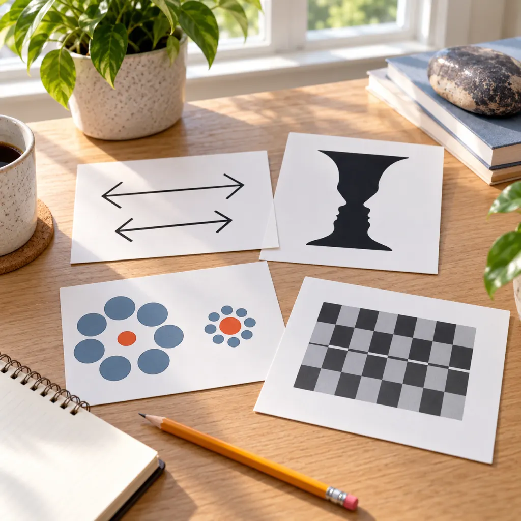 Optical illusion cards arranged on a desk with a pencil and notebook.