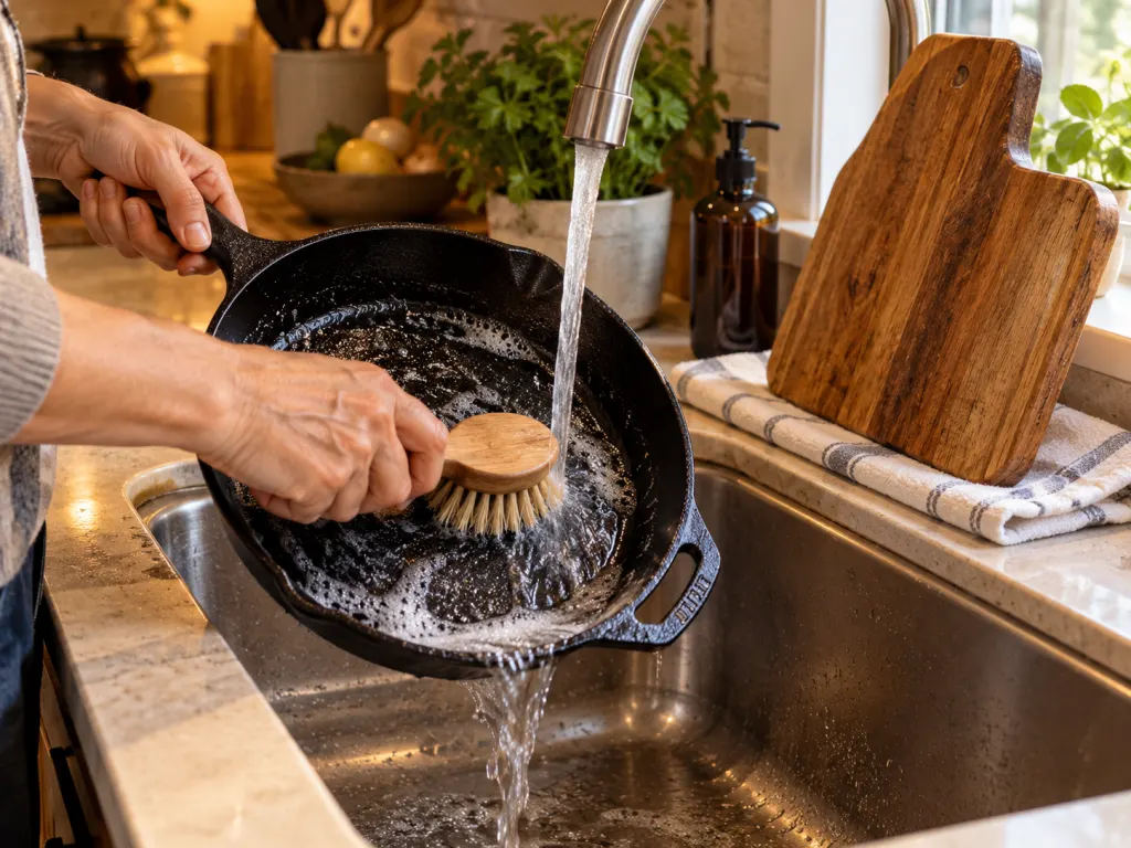 Hands washing a cast-iron skillet at the sink while a wooden cutting board air-dries on a towel
