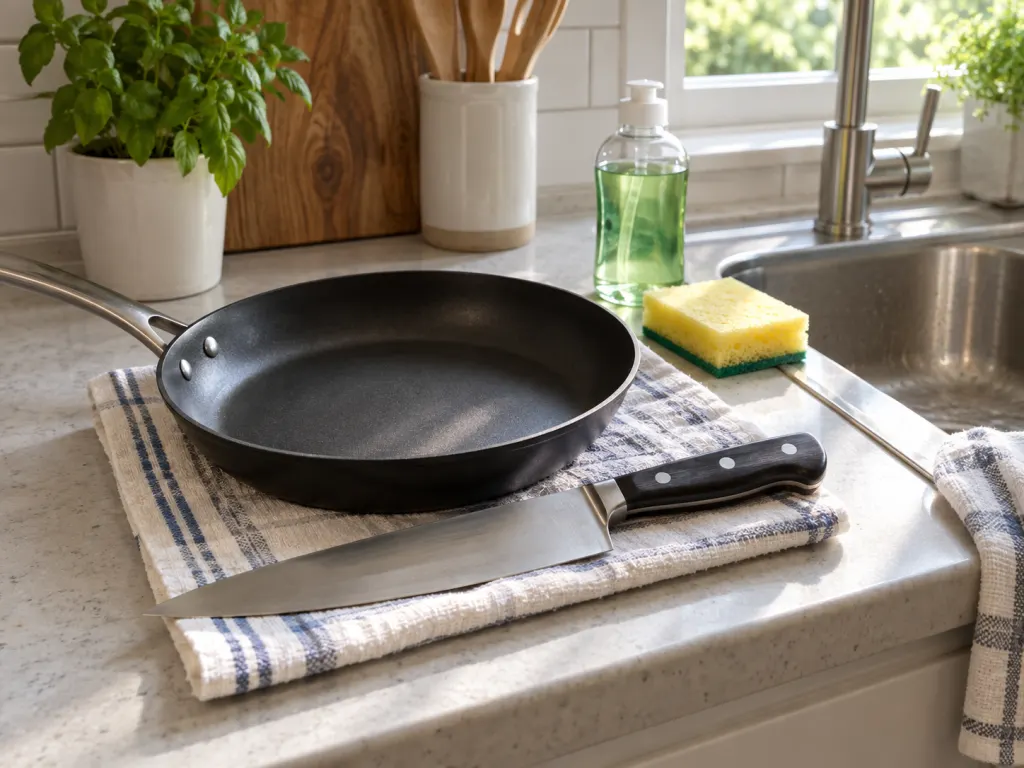 A kitchen knife and a nonstick frying pan resting on a towel next to mild dish soap for hand washing