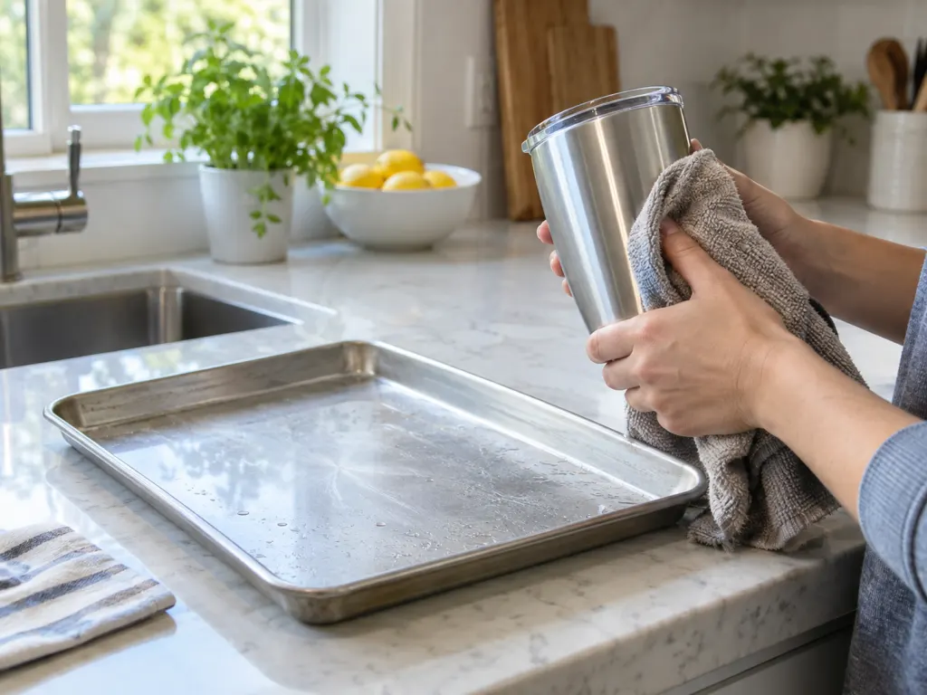 An aluminum baking sheet and a stainless steel insulated tumbler being hand-dried on a kitchen counter