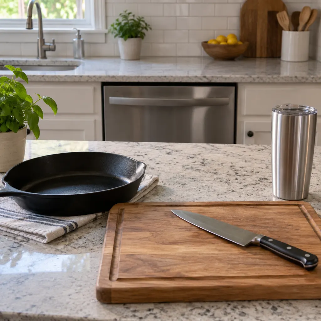 Cast-iron skillet, wooden cutting board, knife, and insulated tumbler arranged on a kitchen counter in front of a dishwasher