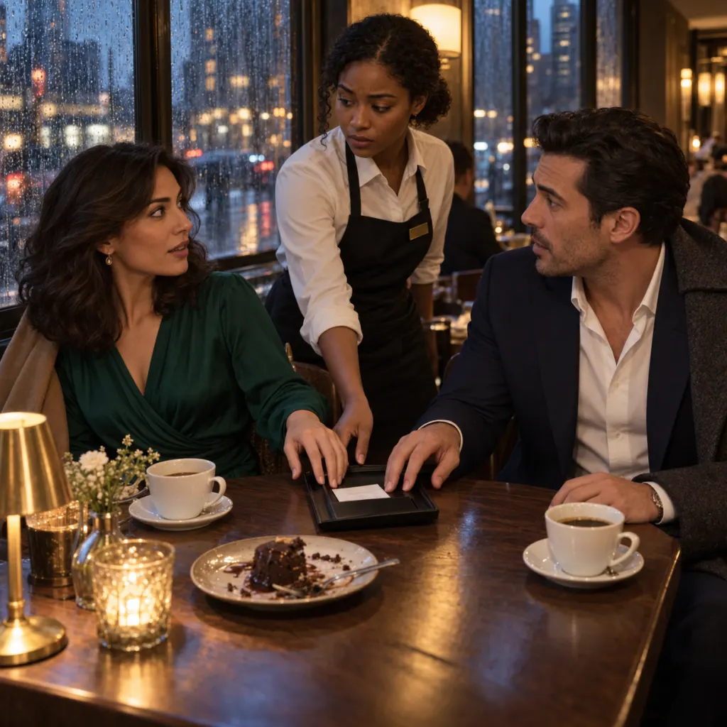 Lena and Marcus reach for the check on a rainy first date.