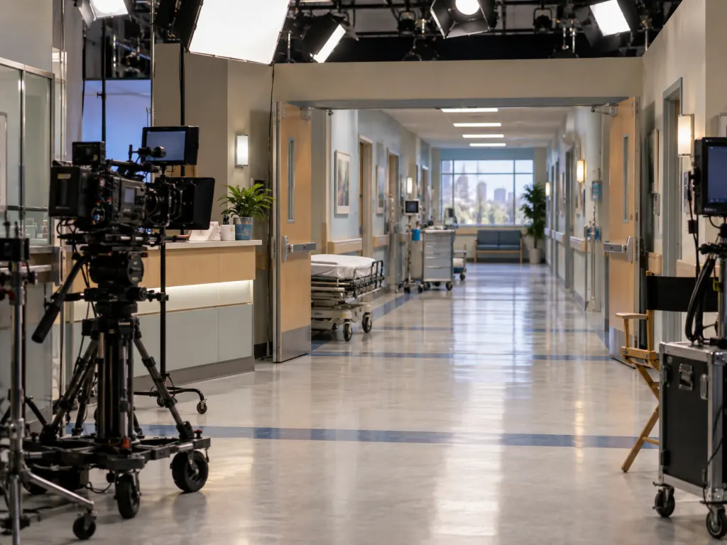 A quiet television studio hallway set with cameras and production lights.