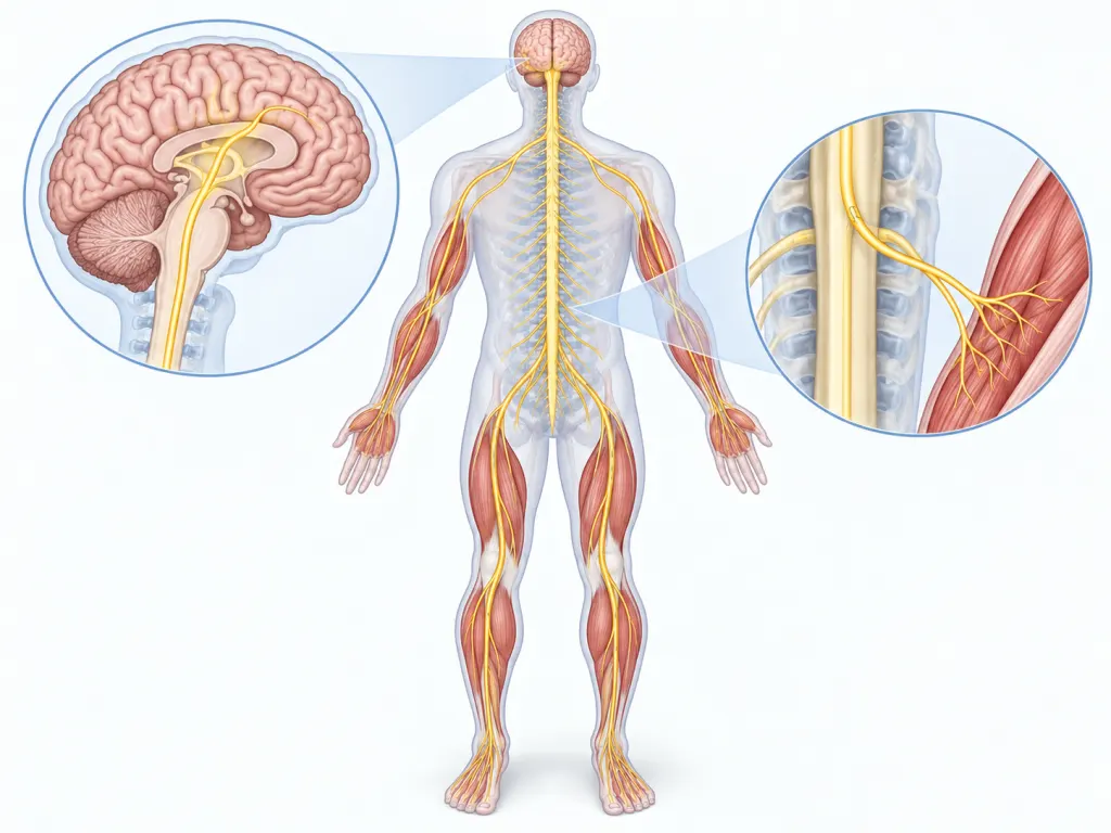 A calm illustration of motor neurons linking the brain and spinal cord to muscles.