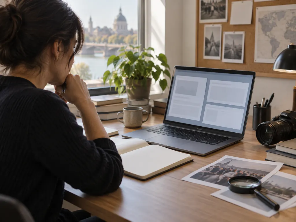 A desk with a laptop and notebook arranged for careful research.