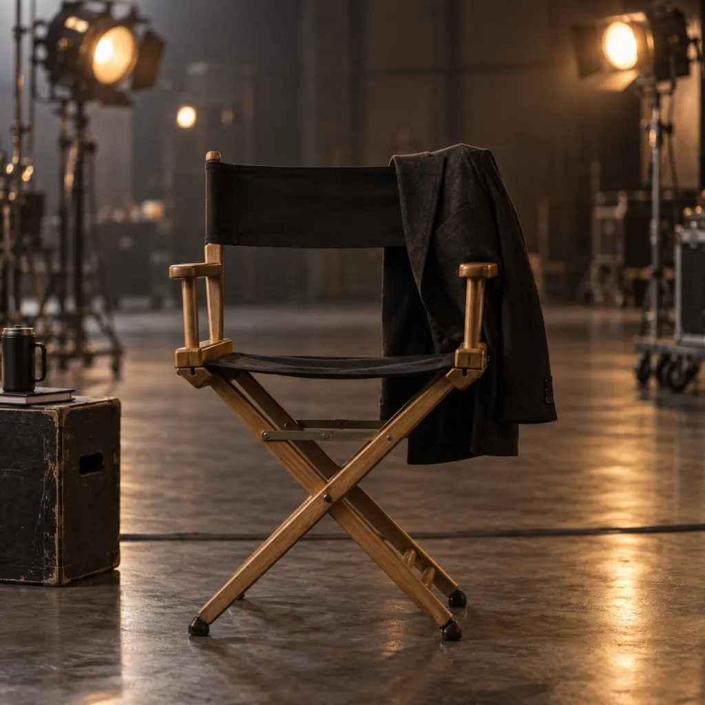 An empty actor's chair on a softly lit television soundstage.