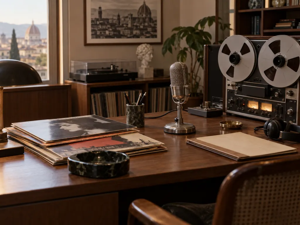 A vintage music desk with recording equipment, vinyl sleeves, and unreadable notes.