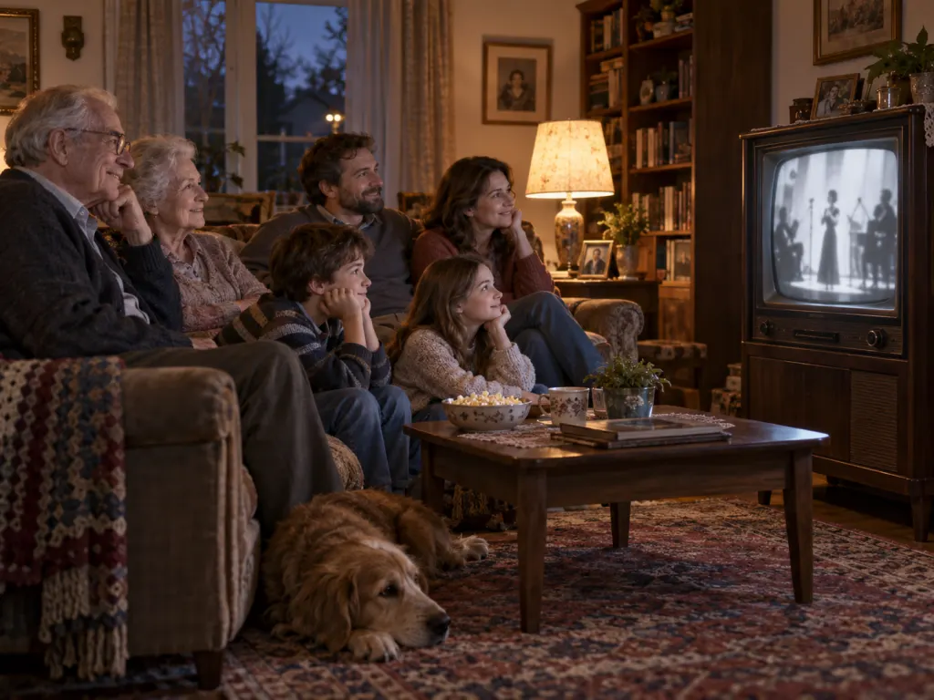 A family group from different generations watches an old television performance together.