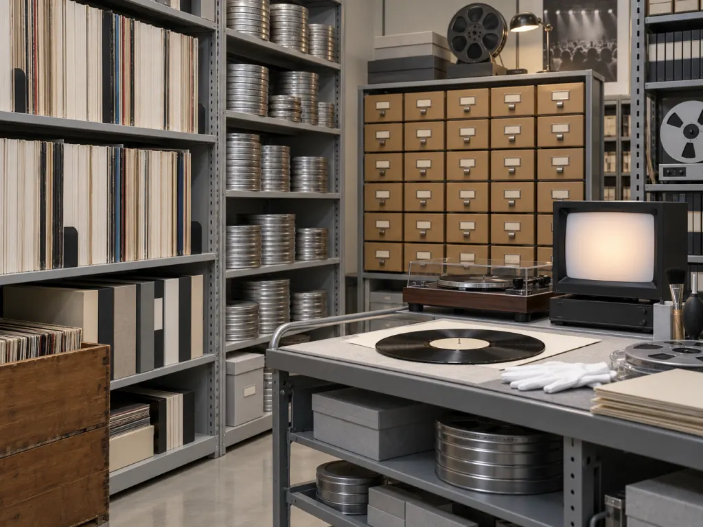 An organized cultural archive with records, film canisters, catalog cards, and a glowing monitor.
