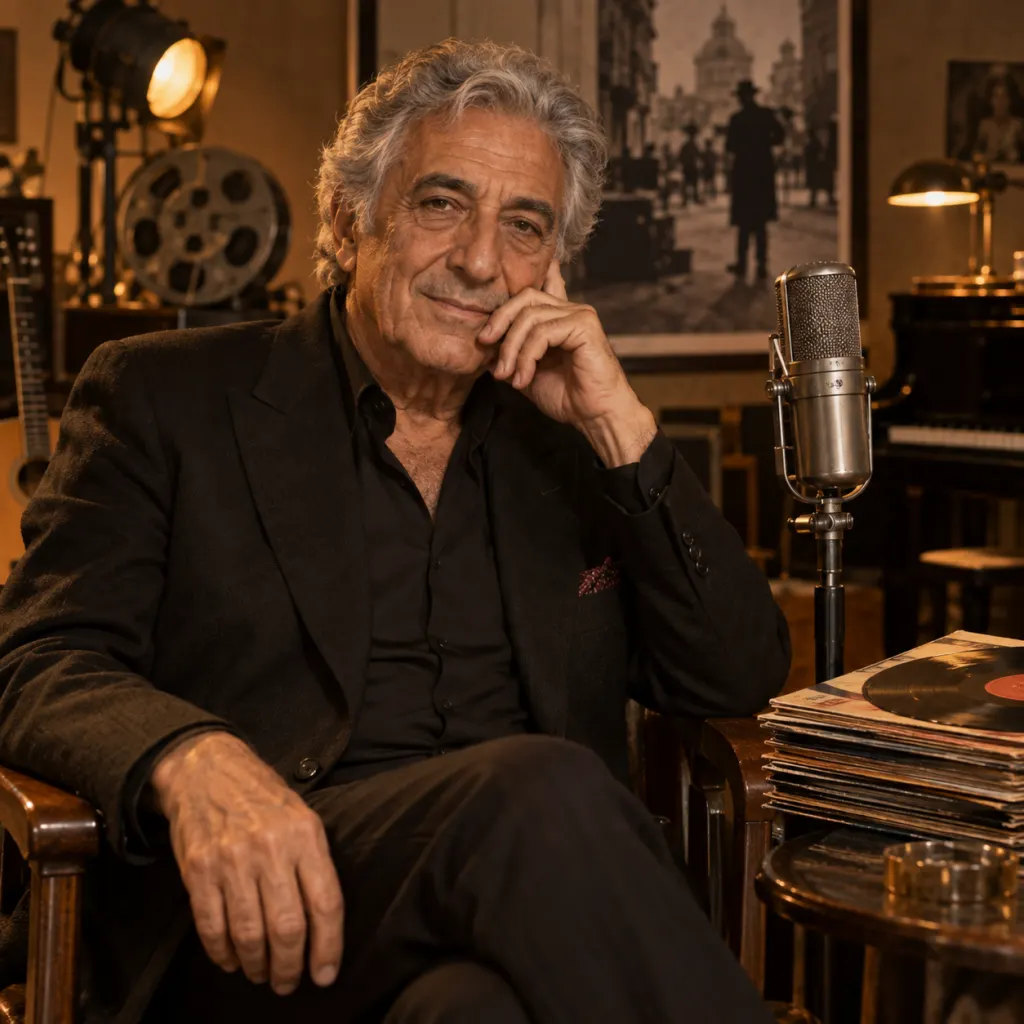 An older entertainer seated beside a vintage microphone and vinyl records in warm studio light.