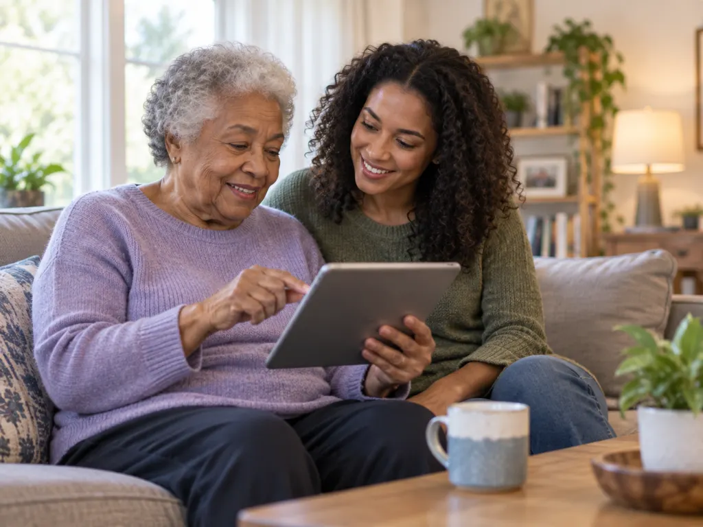 Older adult learning a tablet with help from a family member
